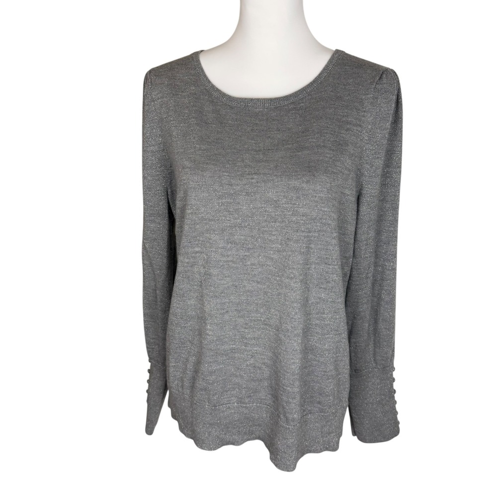 Talbots Gray Metallic Knit Sweater Long Sleeve Crew Neck Button Cuff Size Large